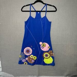 Vibrant Blue Mini Dress with Colorful Embroidered Accents L